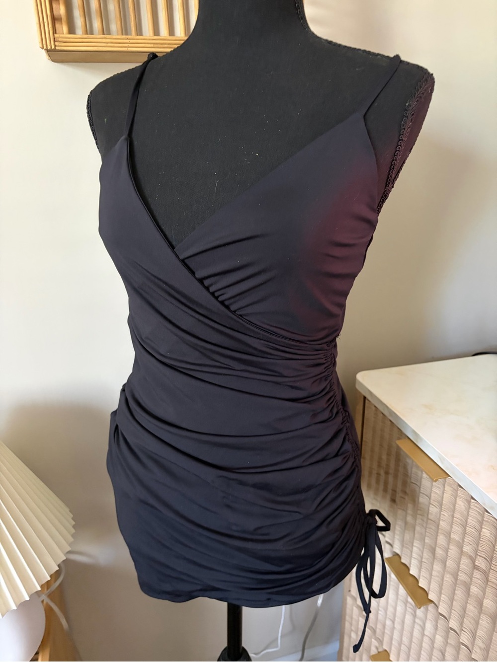 Garage Black Ruched Mini Dress with Wrap Front